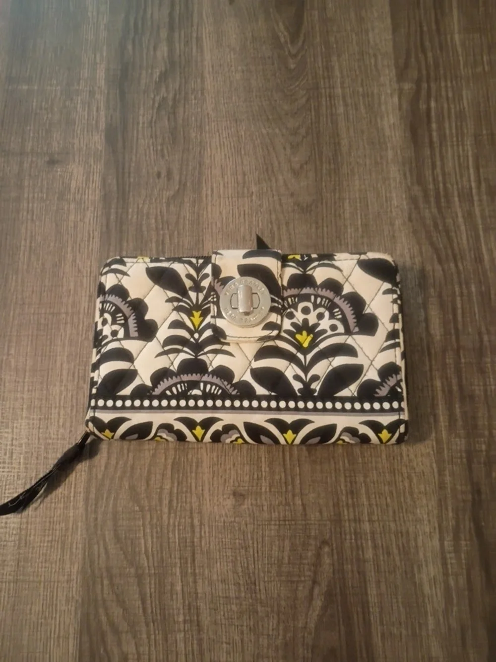 Vera Bradley Black & White Quilted Zip Wallet with Yellow Accents